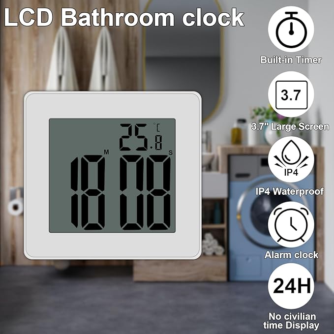 Digital Shower Clock, Large LCD Display Waterproof Timer for Shower, Suction Cups for Home (White) - Only Military time and ℃ Display