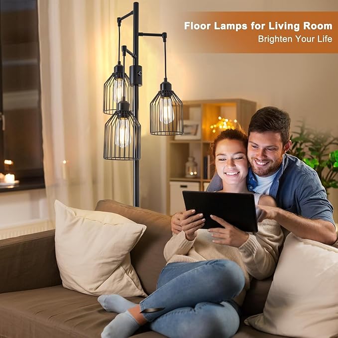 Dimmable Floor Lamp for Living Room, Farmhouse Floor Lamps with Elegant Hanging Cage, 3 x LED Edison Bulbs Included, 68.5" Industrial Standing Light for Bedroom Office Home Decor (Black)