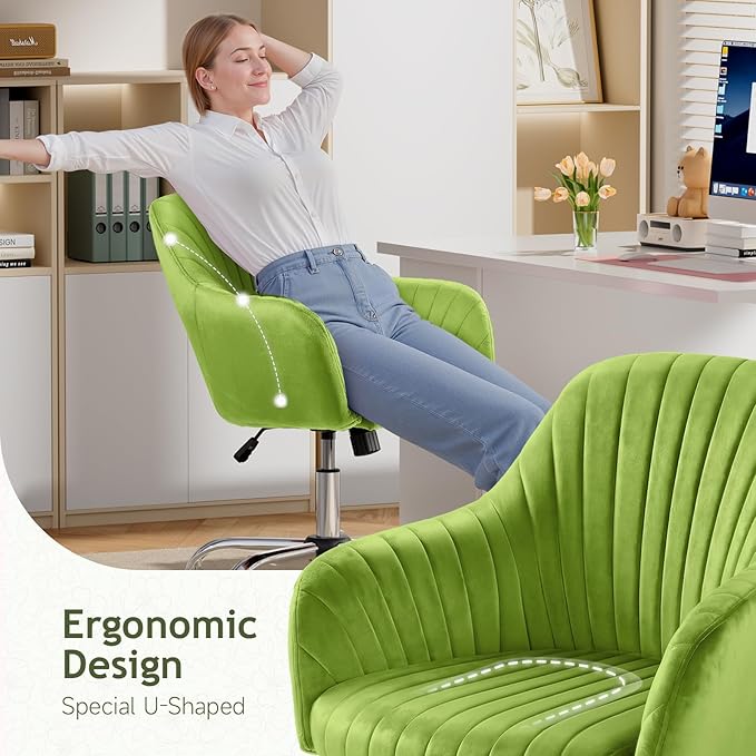 Warmiehomy Velvet Desk Chair for Home Office, Modern Adjustable Swivel Task Chair, Women Vanity Chairs with Arm Rest for Bedroom Dressing Room, Light Green