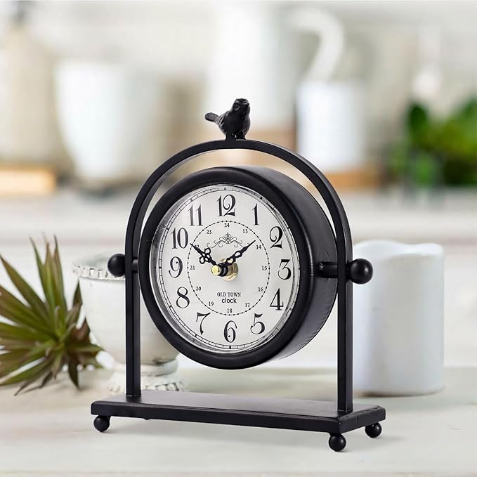 MODE HOME Vintage Farmhouse Table Clock with Bird Topper, Silent Non-Ticking Mantel Clock with Closable Back Cover, Black Iron Decorative Desk Clock for Living Room, Fireplace Mantel & Bedroom, 8 Inch