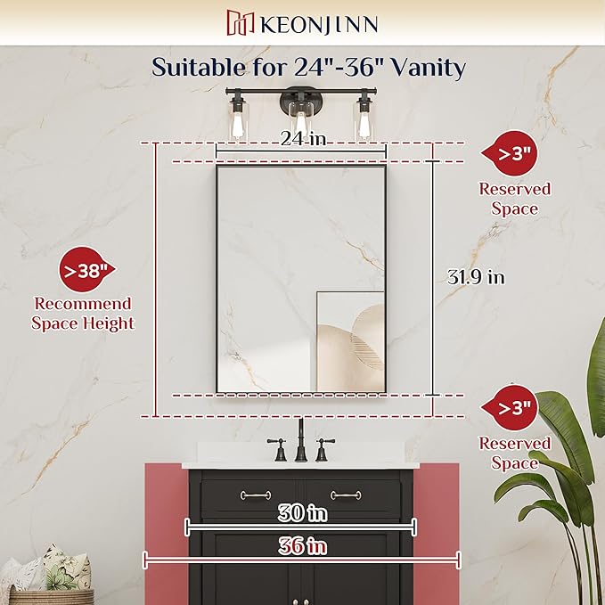 Keonjinn 24 x 32 Inch Black Mirror for Wall, Rectangle Bathroom Vanity Mirrors for Over Sink, Metal Framed Farmhouse Mirror, Square Corner Brushed Rectangular Mirror(Horizontal/Vertical)