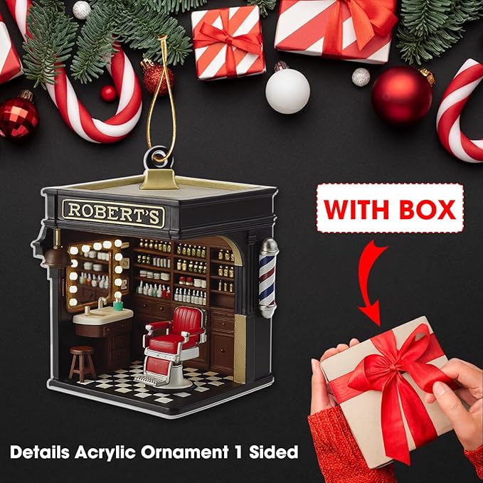 Personalized Barbershop Christmas Ornament, Custom Name Barber Shop Holiday Decor, Acrylic Flat Ornament Gift for Hairdresser & Stylist