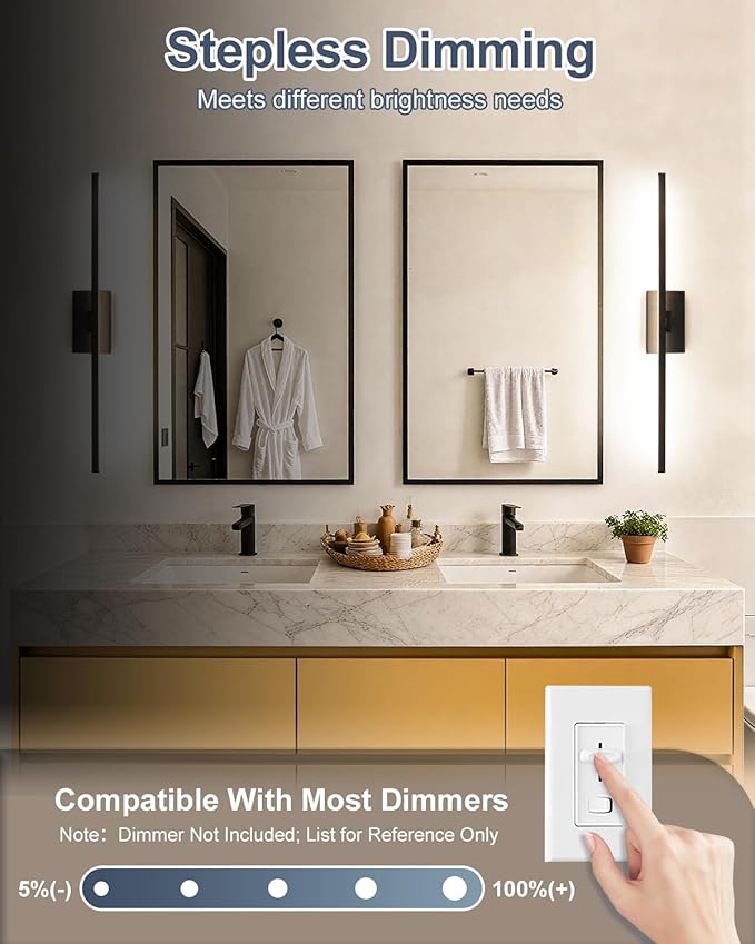 Wall-Mounted Bathroom Lighting Fixtures, 32 Inch 24W IP44 Black Modern Bathroom Vanity Light, 5CCT Adjustable (2700K–5000K), Dimmable LED Light Fixture, Dual-Sided, 180° Rotatable Angle, ETL
