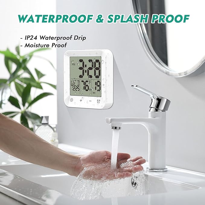 Shower Clock Waterproof, Bathroom Kitchen Wall Clock Timer with Touch Screen, Temperature, Battery Operated, Suction Cup Hanging Hole Stand, White