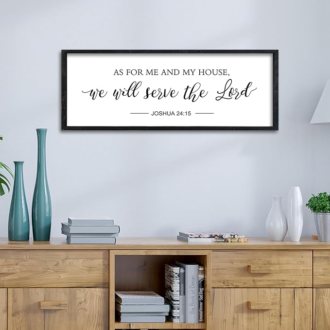 Surfapans Bible Verse Wall Decor As for Me and My House We Will Serve the Lord Sign 32"×12" Joshua 24 15 Christian Scripture Inspirational Rustic Farmhouse Living Room Wood Frame Hanging Art (Black)