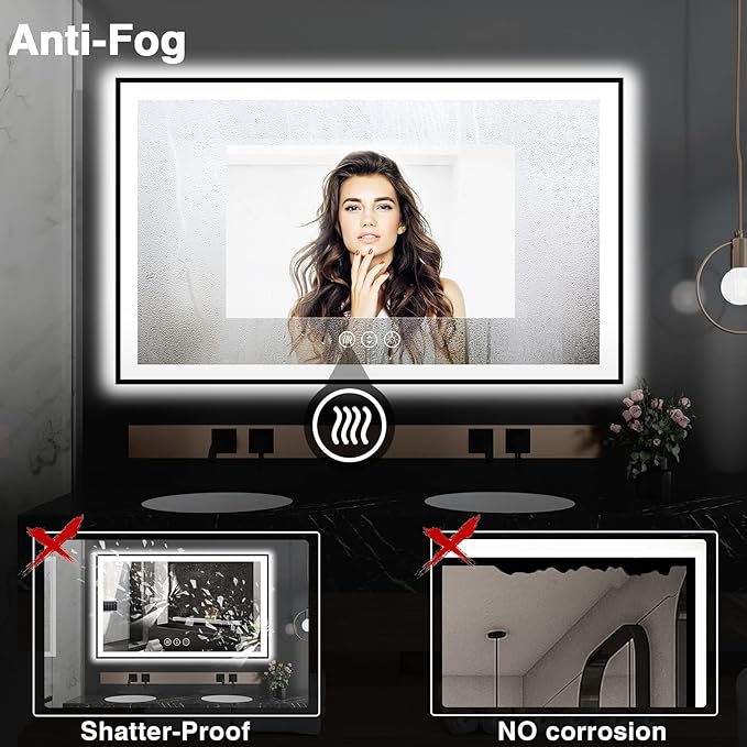 60x36 LED Mirror for Bathroom - Black Aluminum Framed (Front and Backlit),Anti-Fog Stepless 3 Colors Dimmable Lighted Smart Bathroom Mirror with Lights(Horizontal/Vertical)