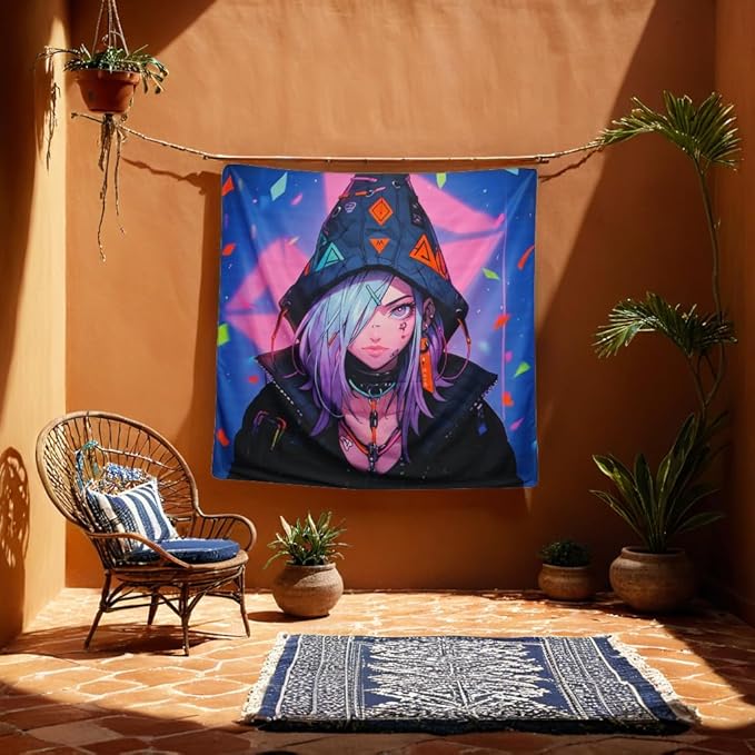 HOUHUANG Hanging paintings, blacklight tapestry, murals, and decorative paintings, fluorescent anime, cartoons, polyester material (59 "x 59") for families, bars, and outdoor parties (Cloak Girl)