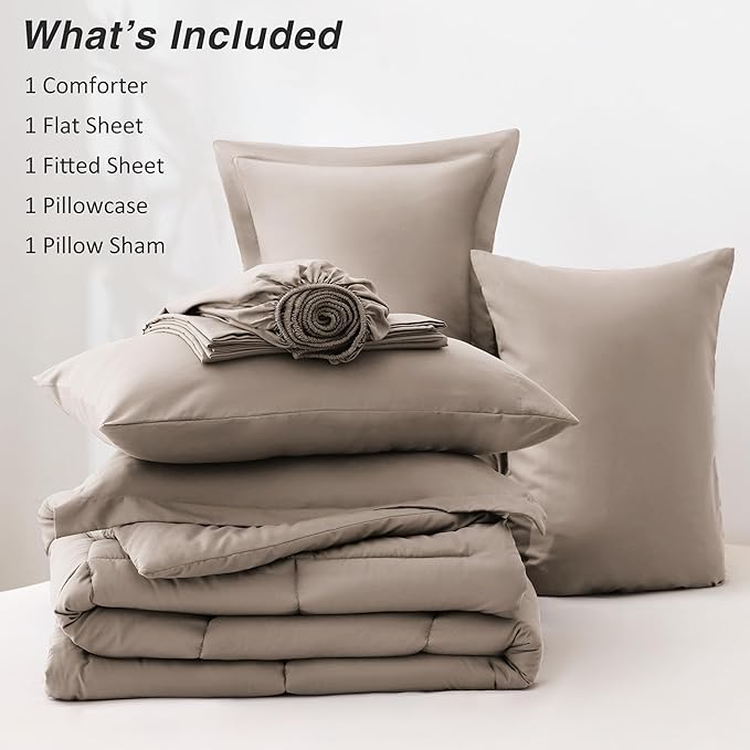 Love's cabin Twin Comforter Set Light Brown, 5 Pieces Twin Bed in a Bag, All Season Bedding Sets with 1 Comforter, 1 Flat Sheet, 1 Fitted Sheet, 1 Pillowcase and 1 Pillow Sham