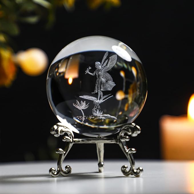 HDCRYSTALGIFTS 2.3in 3D Laser Crystal Fairy with Dragonfly and Lotus Figurines Crystal Ball Paperweight with Stand Base - 3D Engraving Glass Full Sphere Wedding Gift Home Decor