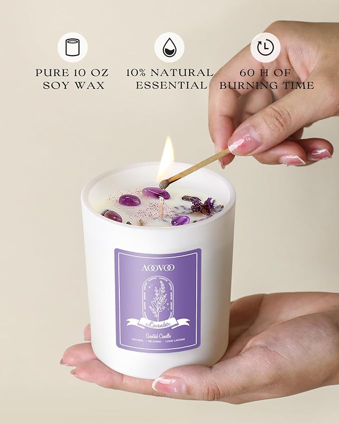 AOOVOO Rose/Vanilla/Eucalyptus/Lavender Scented Candles for Women - Aromatherapy Candle with Crystals Inside, 40oz Soy Candles for Home Scented, Birthday Gifts Valentines Day Candle for Women Mom