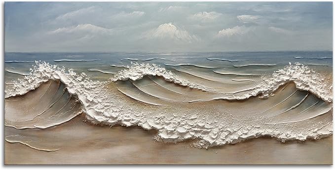 zoinart Blue Ocean Wave Oil Painting on Canvas Impasto Textured Painting Serene Canvas Wall Art Living Room Wall Decor Contemporary Art 24" x 48"