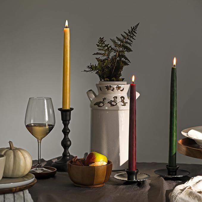 Bluecorn Beeswax Taper Candles, 100% Pure Natural Bees Wax, 12 Inch Pair, Grey Candlesticks, Unscented, Clean Burning & Dripless, Long Lasting, Thanksgiving & Christmas Decor, American Made, 1 Count