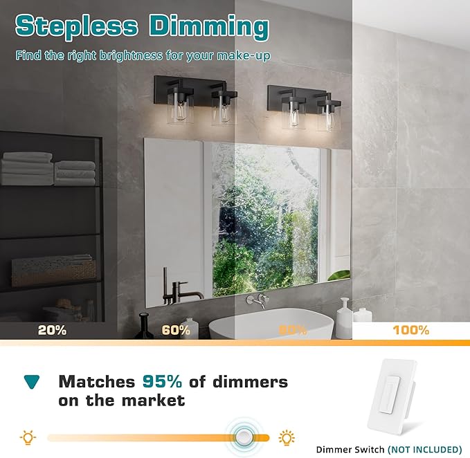 Bathroom Vanity Light, Square Design 2 Lights Morden Bathroom Lighting Fixtures Over Mirror, Black Light Fixtures for Living Room/Bedroom