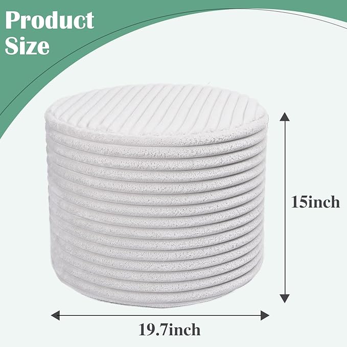 Round Stuffed Pouf Ottoman with Foam Chunk Filling, Coral Fleece and Furry Fabric Design, Multi-Functional Floor Pouf for Living Room, Wide Stripes White