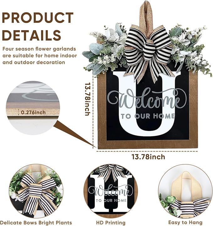 Ultra Large 14'' Last Name All Year Round Front Door Wreath with 26 Initial Letter Welcome Sign All Seasons Eucalyptus Garland and Bow Wreaths for Front Door Porch Farmhouse Decoration (U)