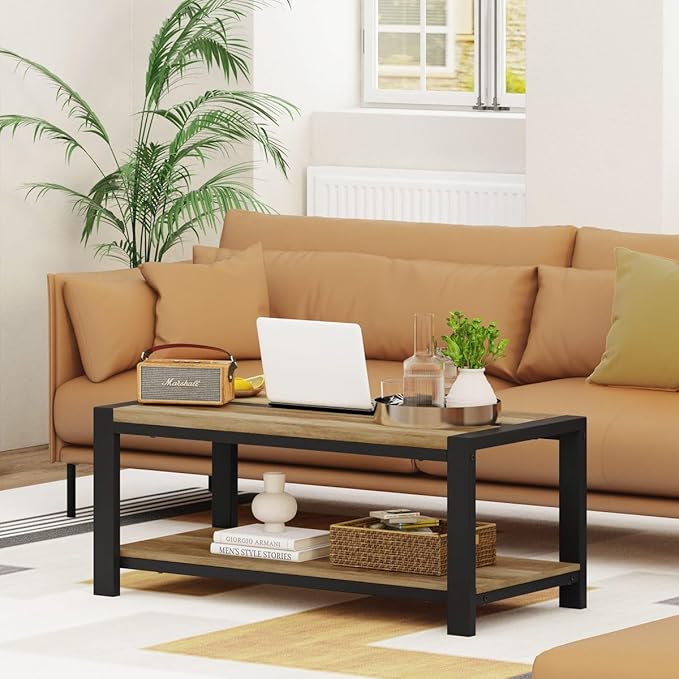 BON AUGURE 43 Inch Coffee Table, Wood and Metal Coffee Tables for Living Room, Rectangle Living Room Table, Small Farmhouse Center Tables for Home Office (Vintage Oak)