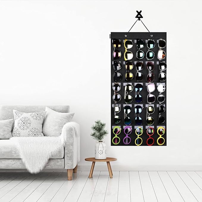 AROUY Sunglasses Organizer Storage, Hanging Wall Pocket Glasses Organizer - 25 Felt Slots Sunglass Organizer Holder Eyeglass Display with Sturdy Rope (Black, Large)