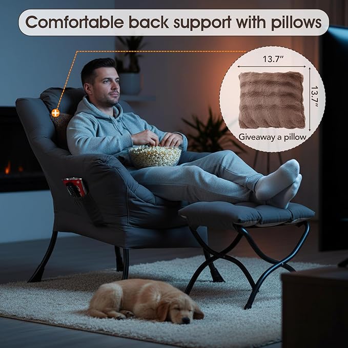 Lazy Chair with Ottoman, Large Lounge Accent Chair with Ottoman and a Throw Pillow, Shadow Grey Reading Chair for Living Room Bedroom Dorm Room Office Apartment Relaxing Use
