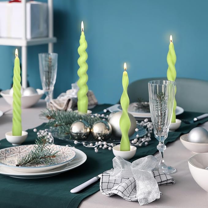 Nuanchu 4 Pcs 7.87 Inch Twisted Taper Candles Wax Unscented Smokeless Spiral Swirl Candlesticks for Wedding Holiday Dinner Party Home Decorations (Sage Green)