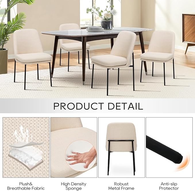 COLAMY Dining Chairs Set of 6, Modern Dining Chairs, Fabric Upholstered Dining Chairs, Kitchen Chairs with Curved Back and Metal Legs for Dining Room Kitchen Restaurant, Beige