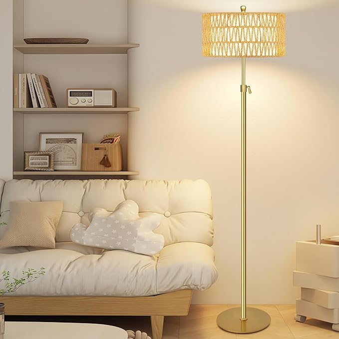 Gold Floor Lamps for Living Room Rattan Boho Floor Lamp with Remote Control,Dimmable Wicker Floor Lamps with 3 Color Temperature Modern Standing Lamp Brass Tall Floor Lamp for Bedroom Corner