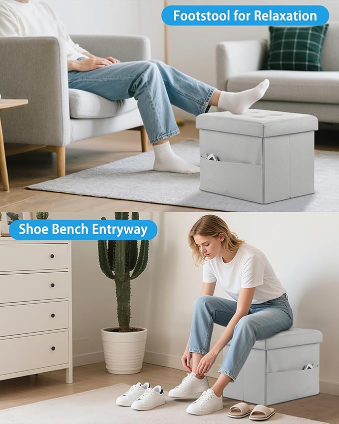 Ottoman with Storage Foot Stool, 17 Inches Folding Storage Ottomans, Leather Upholstered Ottoman Foot Rest with Side Pockets, Suitable for Living Room, Bedroom, Cafe, Grey