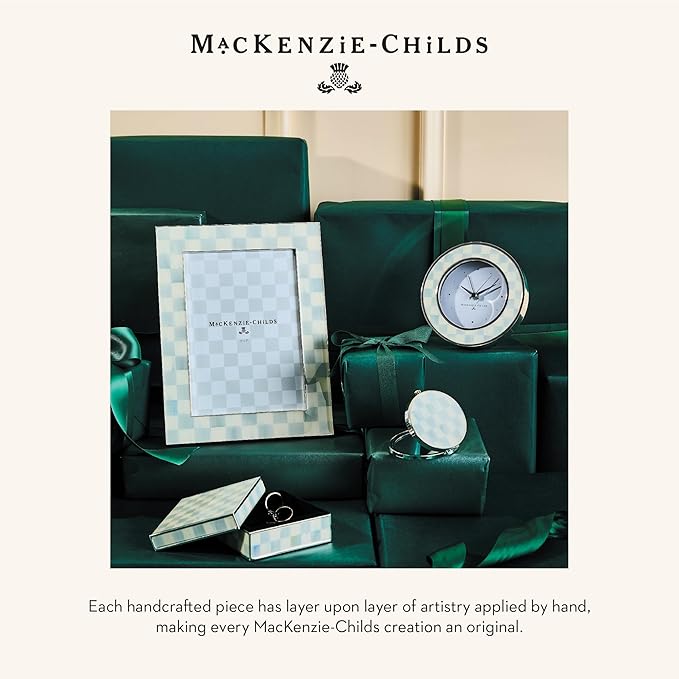 MACKENZIE-CHILDS Silver-Plated Round Desk Clock, Decorative Clock for Living Room, Kitchen, or Office, Gray-and-White Sterling Check