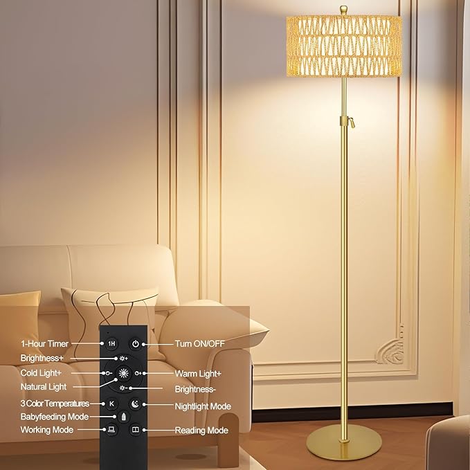 Gold Floor Lamps for Living Room Rattan Boho Floor Lamp with Remote Control,Dimmable Wicker Floor Lamps with 3 Color Temperature Modern Standing Lamp Brass Tall Floor Lamp for Bedroom Corner