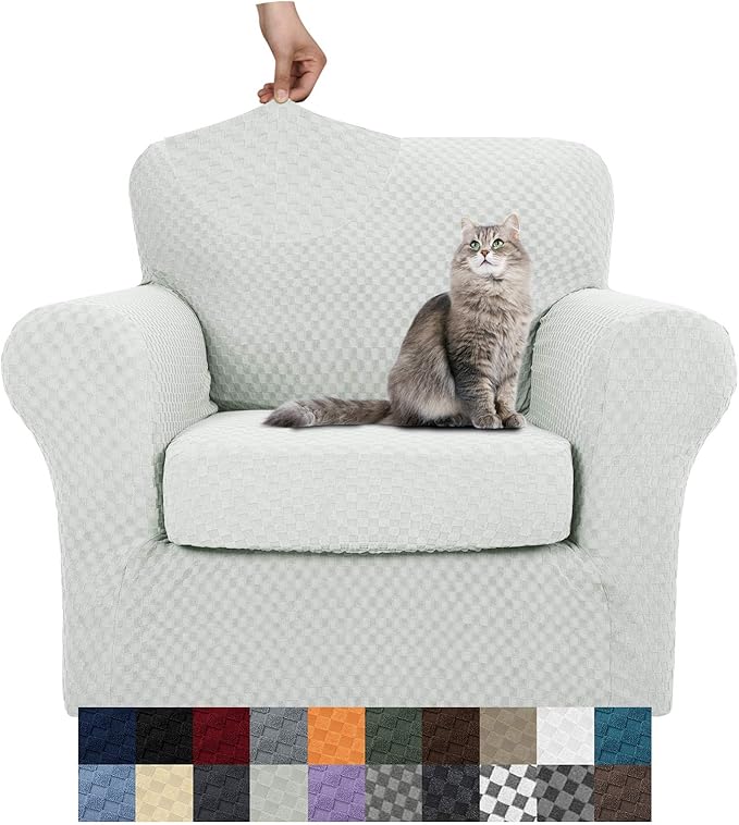 YEMYHOM Latest Checkered 2 Pieces Chair Covers for Living Room High Stretch Thickened Chair Slipcovers with Arms Anti Slip Elastic Armchair Sofa Couch Slipcover Protector (Ivory), 31"-46"(1 Cushion)
