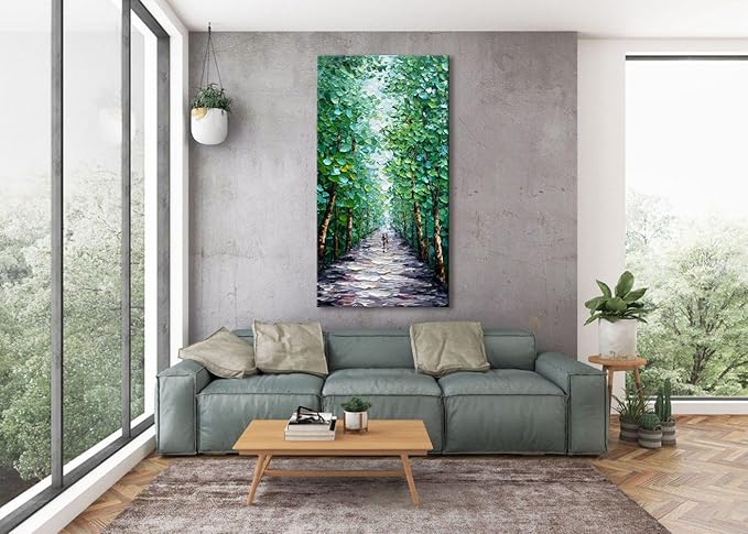 Alenoss Hand Painted Canvas Wall Art, Large Midsummer Forest Landscape Painting, Abstract Oil Painting on Canvas, 24x48 inches, Green, Vertical Wall Art for Living Room, Bedroom
