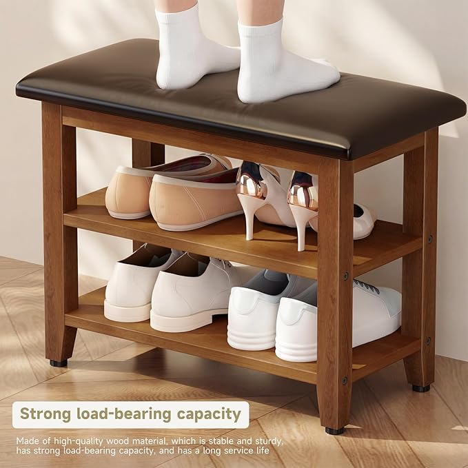 Shoe Bench with Leather Cushion,Wood Bench with Shoe Rack,2-Tier Shoe Storage Organizer for Entryway,Hallway,Living Room (Brown, 2-Tier-23.6")
