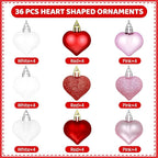 GP Life 36PCS Heart Ornaments for Valentine Tree, Hanging Decorations Included Pink White Red Heart Ornament