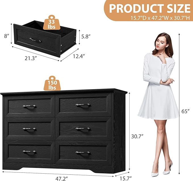 GAOMON Farmhouse 6 Double Drawers Dresser for Bedroom, 47.2'' Wide Chest of Drawer, Wooden Horizontal Dresser with Metal Handles and Stable Base, Modern Cabinet for Bedroom, Living Room, Black