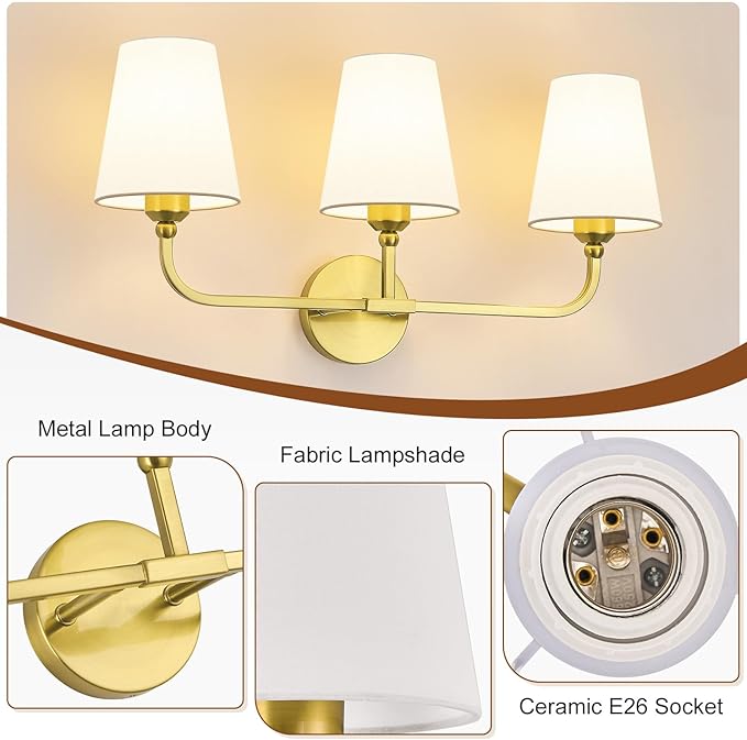 Kvhilw Bathroom Vanity Light, Brushed Gold Bathroom Light Fixtures, 3-Light Lighting Fixtures Over Miror, Modern Wall Sconce with Flared White Fabric Shade, E26 Socket(ETL Listed)