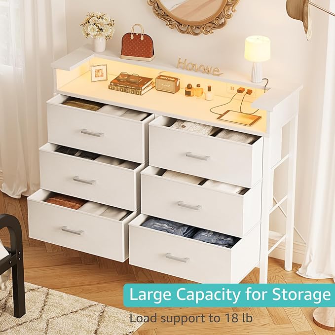BOLUO White Dresser with LED Light and Charging Station for Bedroom 6 Drawer Dresser with USB Outlet, Fabric Dressers & Chests of Drawers Modern
