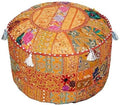 Aakriti Gallery Indian Pouf Footstool Ethnic Embroidered Pouf Cover, Indian Cotton Round Pouffe Ottoman Pouf Cover Pillow Ethnic Decor Art - Cover Only (Orange, 22x14)