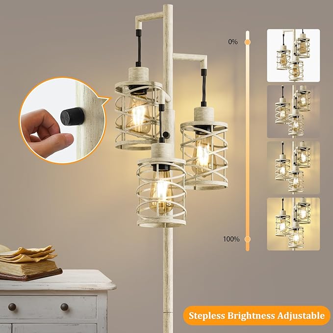 Oneach 70" Industrial Floor Lamp, Stepless Dimmable Standing Lamp with 3 Bulbs, Farmhouse Corner Standing Tree Lamp for Living Room, Tall Lamps for Bedroom, Office, Dining Room, Antique Beige White