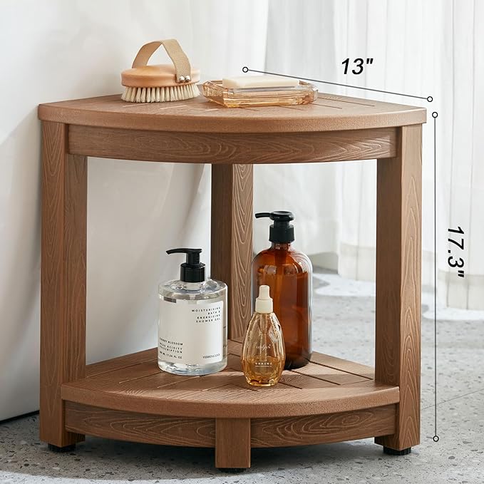 Corner Shower Stool for Shaving Leg, Waterproof Bathroom Shower Bench Seat for Inside Shower, Poly Lumber Plastic Shower Chair Seat, Shower Foot Rest with Adjustable Feet, Non-Slip, Brown