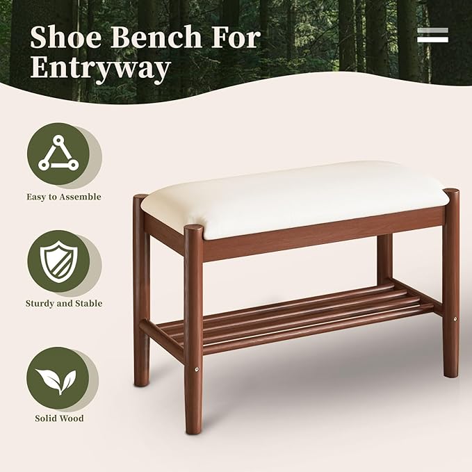 Solid Wood Shoe Bench with Cushion, 2-Tier Shoe Rack for Front Door Entrance, Enterway Benches with Shoe Storage (Walnut, 31.5in)