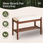 Solid Wood Shoe Bench with Cushion, 2-Tier Shoe Rack for Front Door Entrance, Enterway Benches with Shoe Storage (Walnut, 23.6in)