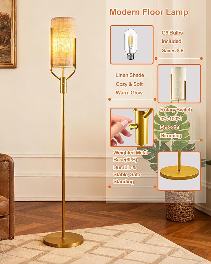 64.6IN Black Floor Lamp - Dimmable LED Floor Lamp with Linen Shade, 3000K Soft Warm White | Bulbs Included | Modern Tall Lamp for Living Room, Bedroom, Wedding & Party