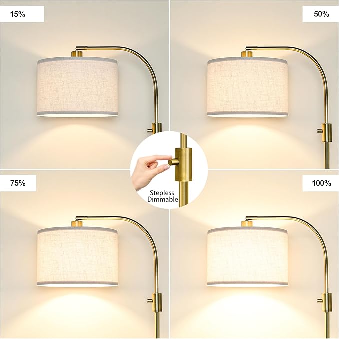 Nintiue Upgraded Modern Arc Dimmable Tall Standing Floor Lamp with Linen Shade, 1200 Lumens LED Bulb Included, for Living & Reading Room, Bedroom, Office & Nursery, Brass