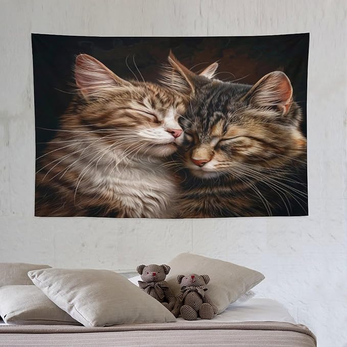 VUMIVI Cat Tapestry Adorable Animals Two Kittens Snuggling Together Vintage Print Realistic Design Tapestry Wall Hanging for Living Room Bedroom Dorm Classroom Aesthetic Decor W60xL40in
