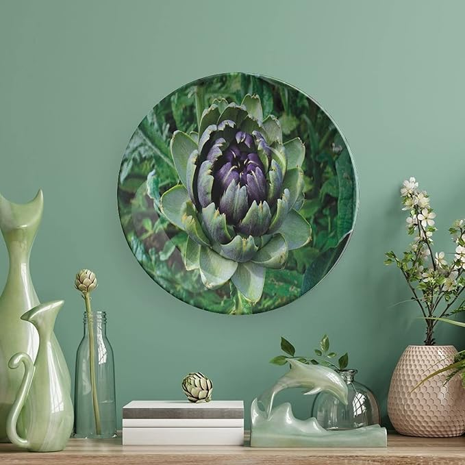 Ceramic Display Plate, Artichoke Ceramic Hanging Decorative Plate, Blooming Vegetable Agriculture Nature Artwork Print, 6 Inch, Household Custom Ceramic Plate, Fern Green and Purple