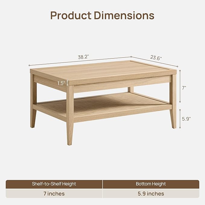 SICOTAS Rattan Coffee Table with Storage, 37.5" Large Rectangular Coffee Table with 2-Tier Shelves, Farmhouse Boho Center Table for Living Room, Office, Small Space