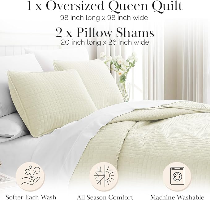 Southshore Fine Living, Inc. Full/Queen Size Quilt Bedding Set, Wrinkle-Free Stain & Pet Hair Resistant Bedding, Coverlet Bedspreads Queen Size/Full Size Bedspread with 2 Pillow Shams, Cream