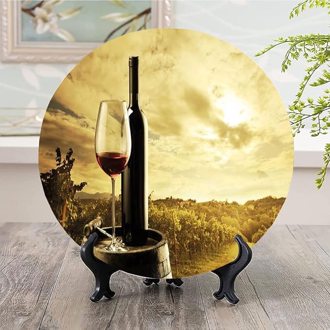 Ceramic Plates, Wine Decorative Ceramic Plates, Red Wine Bottle and Glass on Wooden Barrel, 10 Inch, for Dining, Parties, Wedding, Light Coffee Green Black