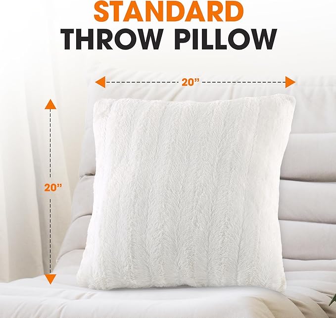 Cheer Collection Faux Fur Throw Pillows - Decorative Pillows for Couch, Bed Throw Pillows, White Accent Pillows for Bedroom or Living Room Aesthetic, Set of 2 Furry Throw Pillows, 20" x 20"