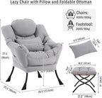 Lazy Chair with Ottoman, Modern Accent Chair with Lumbar Pillow, Grey Sofa, Lounge Chairs with Folding Footrest, Oversized Supportive Chairs for Bedroom, Reading