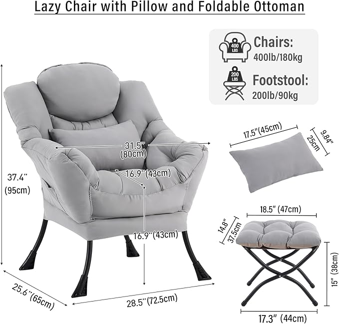 Lazy Chair with Ottoman, Modern Accent Chair with Lumbar Pillow, Grey Sofa, Lounge Chairs with Folding Footrest, Oversized Supportive Chairs for Bedroom, Reading